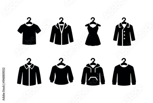 Clothing On Hangers. Filled icon set of Clothing On Hangers: hanger t-shirt, hanger jacket, hanger dress,