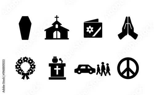 Funeral and remembrance. Filled icon set of Funeral and remembrance: coffin silhouette, chapel building,