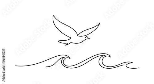 Bird in Flight. Seaside Freedom. Minimalistic one-line drawing bird in mid-flight above stylized rolling waves