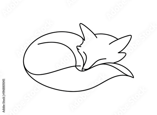 Forest Dream. Minimalistic one-line drawing resting fox curled up with head tucked into its tail, continuous