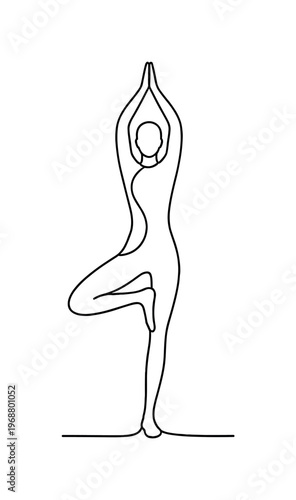 Tree Asana. Minimalistic one-line drawing human figure performing tree pose with grounded stance and upward