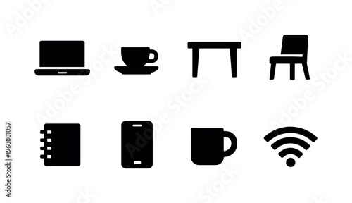 Cafe Work Setup. Filled icon set of Cafe Work Setup: laptop, espresso cup, table, chair, notebook, phone,