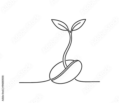 "Sprouting Seed". Minimalistic one-line drawing small seed split open with tiny sprout emerging upward,