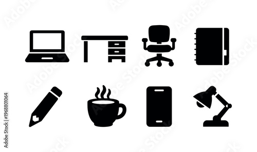 Remote Work Essentials. Filled icon set of Remote Work Essentials: laptop, desk, chair, notebook, pencil,