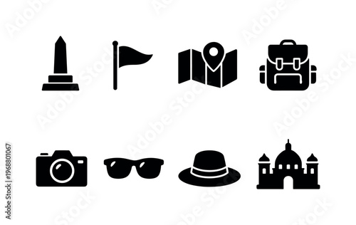 City Sightseeing. Filled icon set of City Sightseeing: monument, tour guide flag, map, backpack, camera,