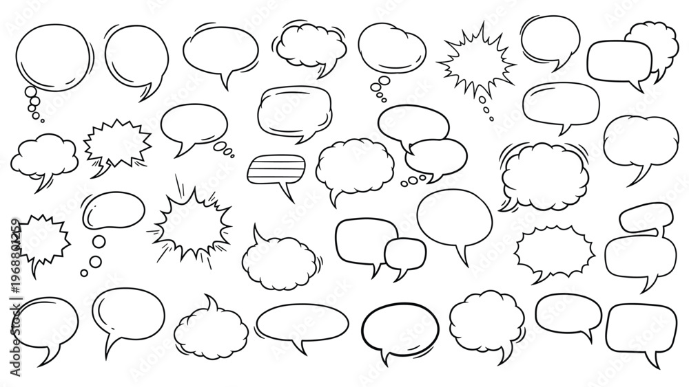 Fototapeta premium Diverse set of hand drawn speech bubbles and thought clouds in various shapes and sizes for comic book and design projects.