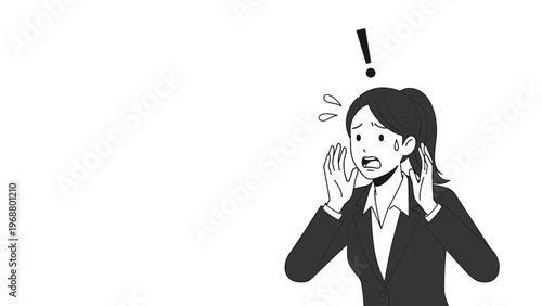 Concerned businesswoman with ponytail looking shocked and stressed with exclamation mark and sweat drops on white background.