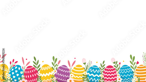 Festive border design featuring a variety of colorful patterned Easter eggs nestled among delicate spring flowers and green leaves.