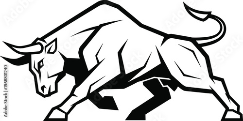 A dynamic black and white illustration depicts a powerful bull in mid charge showcasing strength and aggressive energy high quality professional detailed modern