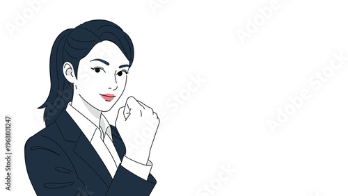 Confident businesswoman in a dark suit pumping her fist in a gesture of success and determination against white background.