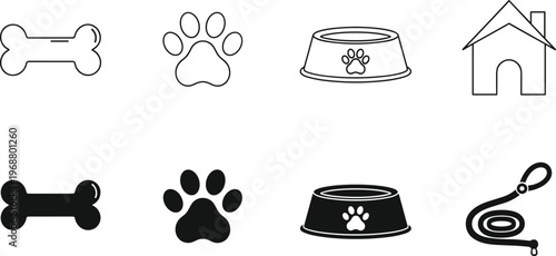 A collection of simple black and white line art icons representing pet care and animal related objects including bones and paw prints