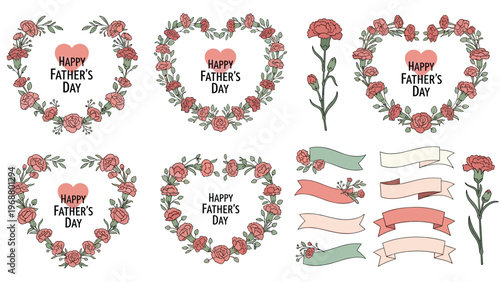 Collection of Happy Father's Day logos and design elements featuring heart shapes, pink carnations, and decorative ribbons.