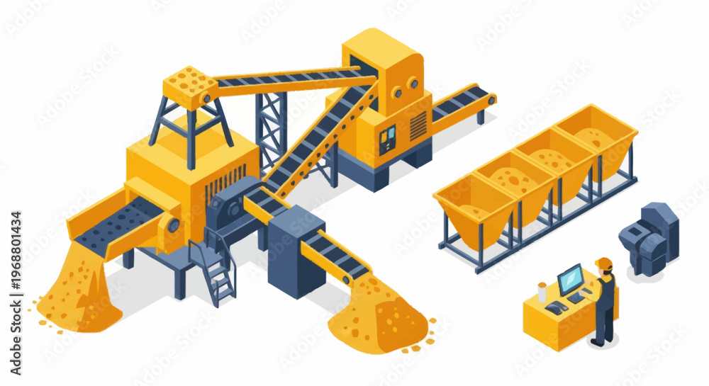 Obraz premium Industrial aggregate processing plant with conveyor belts and hoppers.
