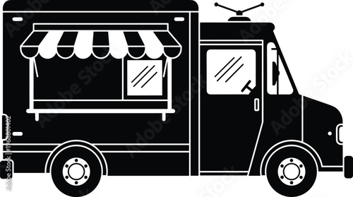 A simplified black and white vector illustration depicts a classic food truck with a striped awning and large windows high quality professional detailed