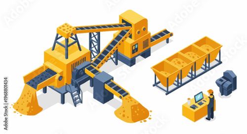 Industrial aggregate processing plant with conveyor belts and hoppers.