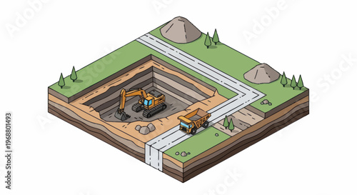 Excavator and Dump Truck in Open Pit Mine Construction.