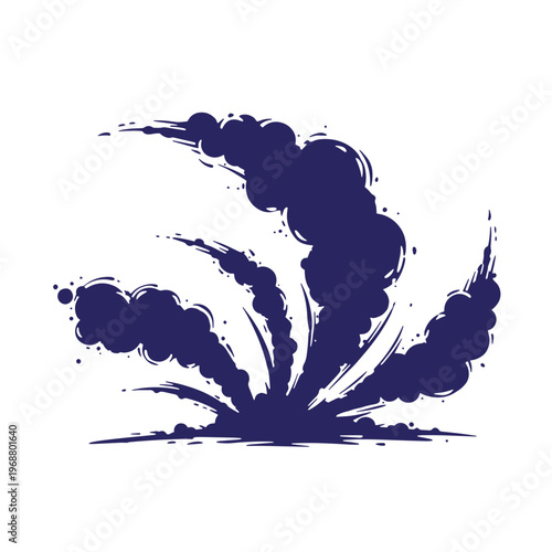 Dark blue silhouette of an explosion or smoke cloud with swirling plumes and scattered particles isolated on a white background