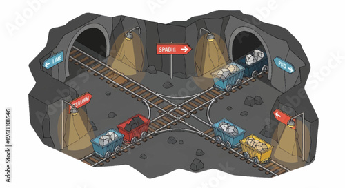 Cartoon Trains Navigating Complex Railway Junction in Mine Tunnels.