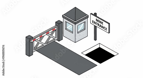Mine Entrance Security Gate and Guard Booth Isometric Illustration.