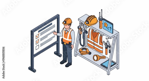 Construction worker explaining safety checklist on whiteboard with equipment rack.