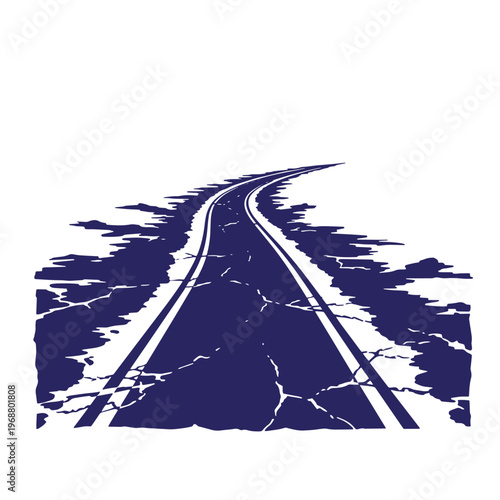 Dark blue winding asphalt road with cracked surface texture and white lane markings receding into the distance on a white background