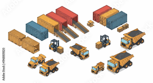 Isometric Industrial Vehicles and Shipping Containers Collection.