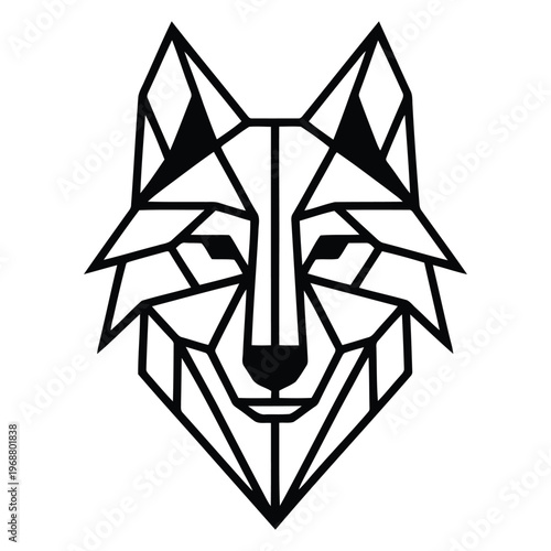 Geometric black and white wolf head composed of straight lines animal head