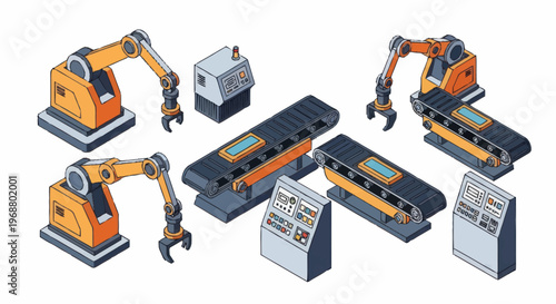 Industrial Automation Robotic Arms and Conveyor Systems Set.