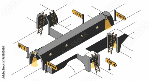 Isometric Subway Station Entrance with Escalators and Signs.