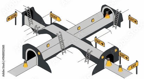 Abstract Crossroads Tunnel with Lights and Signs.