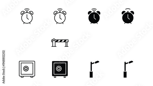 Collection of icons representing time, security, and urban furniture elements