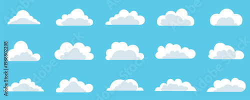 Big set of cloud silhouette icons. White cloud casting a soft shadow against a clear blue sky background. Cartoon white clouds icon. Vector illustration.