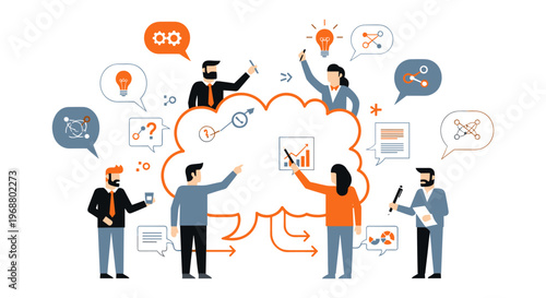 Business people brainstorming in colorful flat design with bright lighting for teamwork