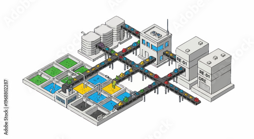 Isometric Industrial Water Treatment Plant Illustration.