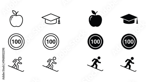 Contrasting icons of apple, graduation cap, number 100, and skier in black and white