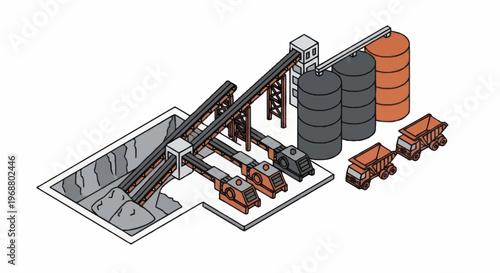 Industrial Concrete Batching Plant Equipment and Trucks.