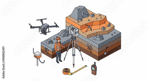 Geological Survey Equipment and Drone Illustration.
