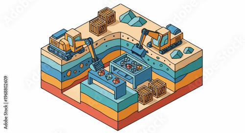 Isometric construction site with excavators and digging operations.