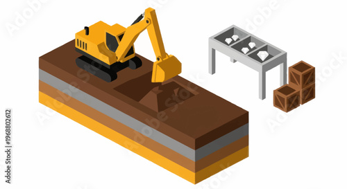 Excavator Digging Earth Layers Near Sorting Station and Crates.