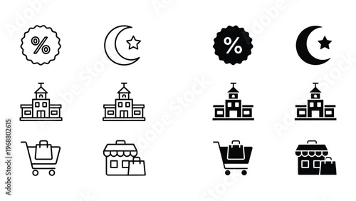 Icons depicting financial, religious, and commercial concepts paired with buildings and shopping symbols