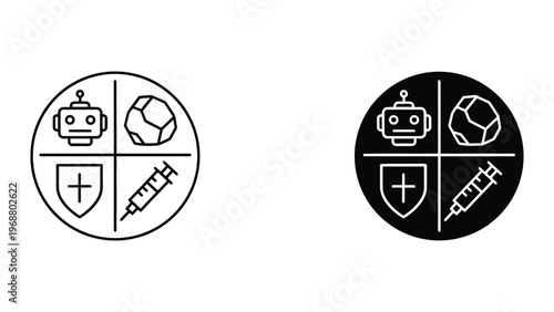 Contrast of medical, robotic, and scientific symbols in circular quadrant designs