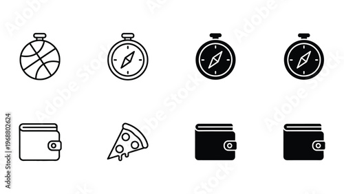 Collection of icons representing travel essentials and daily life items