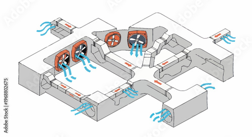 HVAC System Diagram with Fans and Ducts.