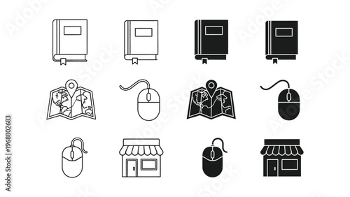 Contrasting icons of books, maps, computers, and stores in black and white