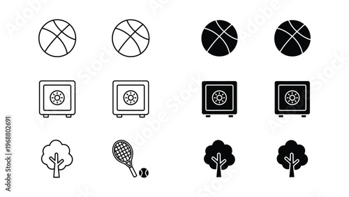 Variations of icons depicting circles with lines, safes, trees, and tennis equipment