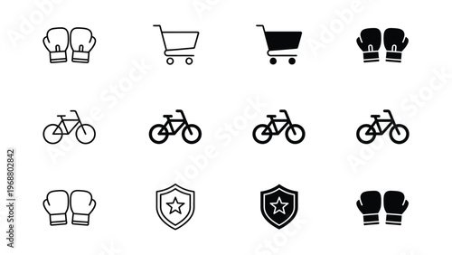 Collection of icons featuring boxing gloves, bicycles, shopping carts, and shields
