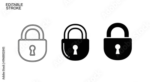 Set of Padlock Security Icons in Outline and Solid Styles on Isolated White Background