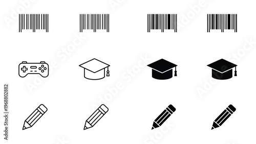 Icons representing education, gaming, and academic achievement with barcodes