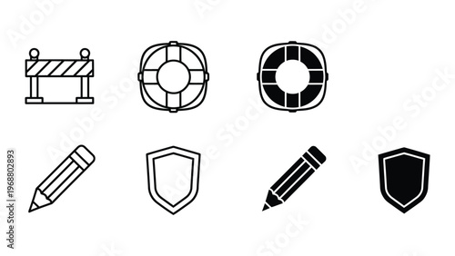 Collection of icons representing construction, safety, and writing tools