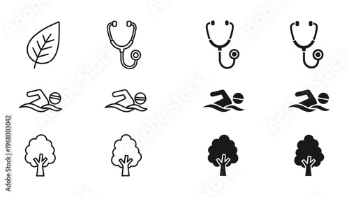 Variations of medical, swimming, and tree icons in black and white